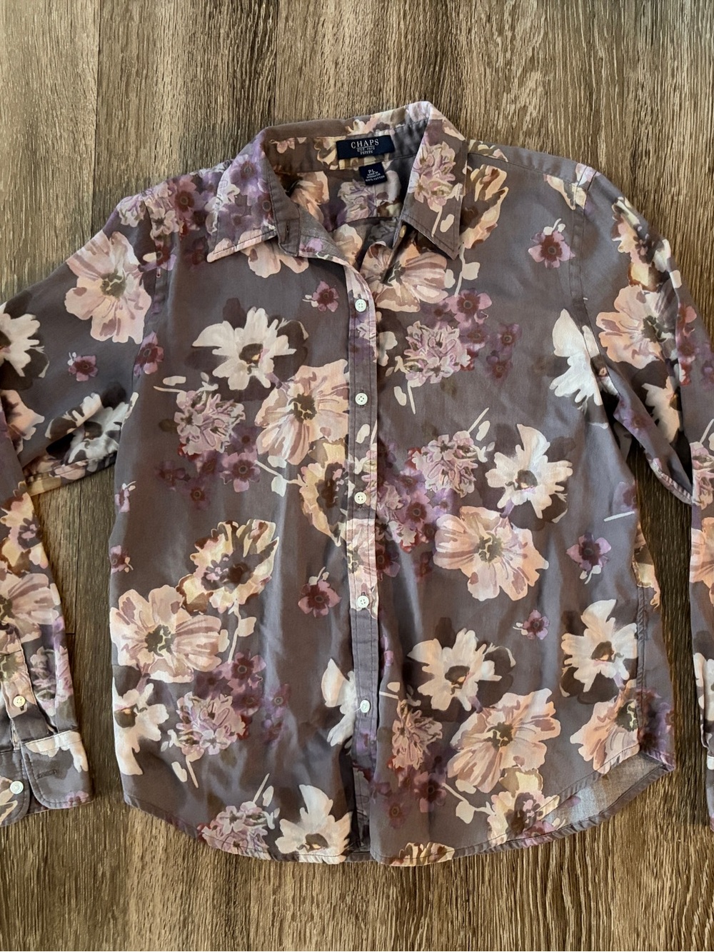 Chaps Floral Button-Down Shirt — Gray & Pink